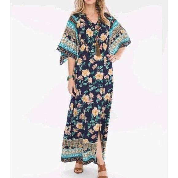 Chicos Kimono Dress Women's 2 Floral Maxi Floral Bohemian Peasant  Lightweight - Picture 1 of 9